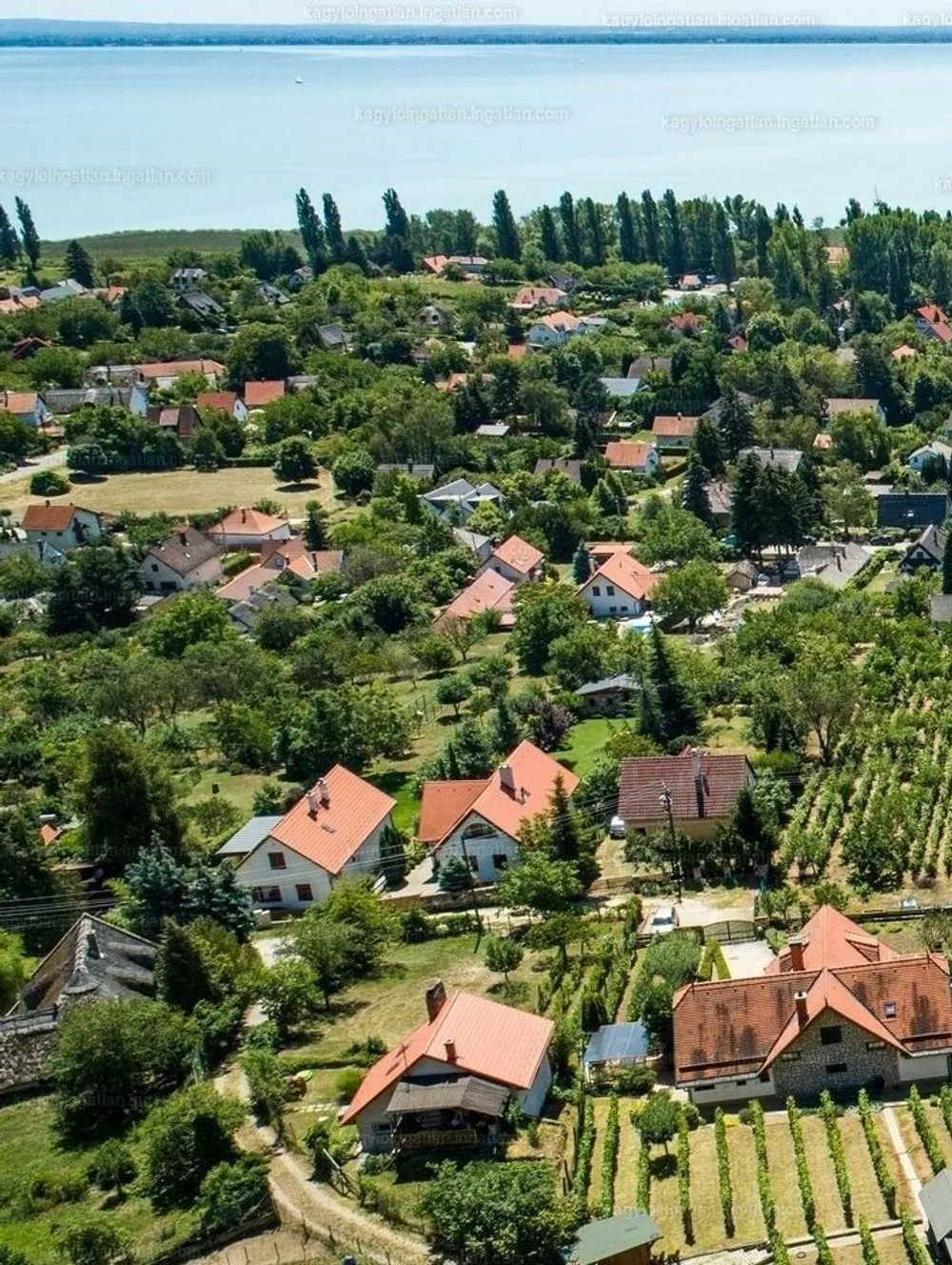 A vendégház, mögötte a Balatonnal